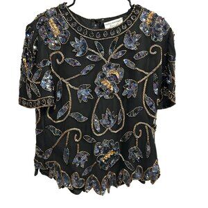 Vintage Papell Boutique Evening Black Sequin Beaded Floral Top Sz Large
